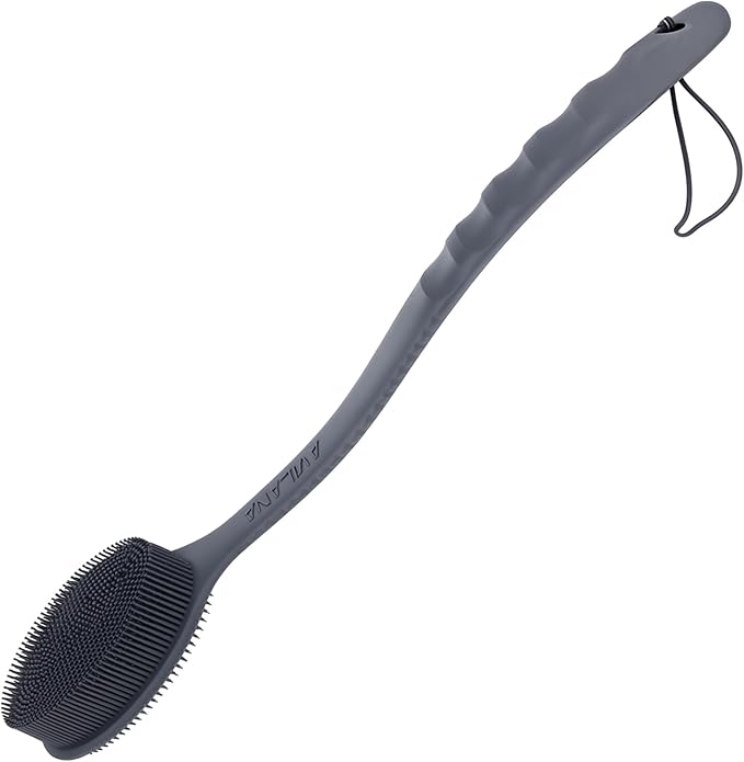Avilana Silicone Body Scrubber – Gentle Shower Brush & Loofah Alternative- Food Grade & Lab Tested – Fast-Drying, Hygienic, BPA-Free Silicone Body Gentle Exfoliator (Dark Gray, Long Handle)