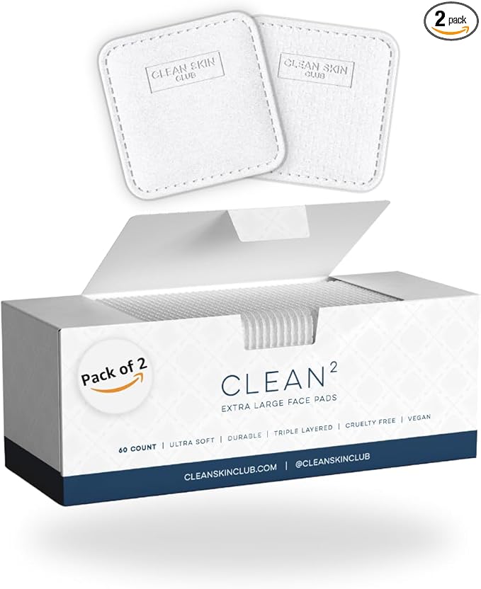 Clean Skin Club Clean² Pads 2.0 [New & Improved Edges] Guaranteed Not to Shed & Tear, Unique Triple Layers, Textured Side & Ultra Soft Side, Organic Disposable Cotton, Pair with Makeup Remover 2 Pack