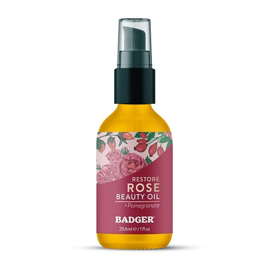 Badger Rose Face Oil, 100% Organic Face Moisturizer, Nourishing & Soothing Organic Jojoba Oil & Rose Oil, Vegan Antioxidant Rich Moisturizing Facial Oil, 1 fl oz Glass Bottle
