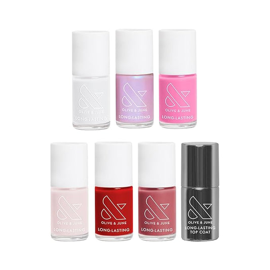 Olive & June Long Lasting Nail Polish Set | Includes 6 Chip-Resistant Shades (Pink Goldfish, HD, Grateful & Kind, CCT, LD, CV) + Top Coat | Vegan, Cruelty-Free | Salon-Quality at Home