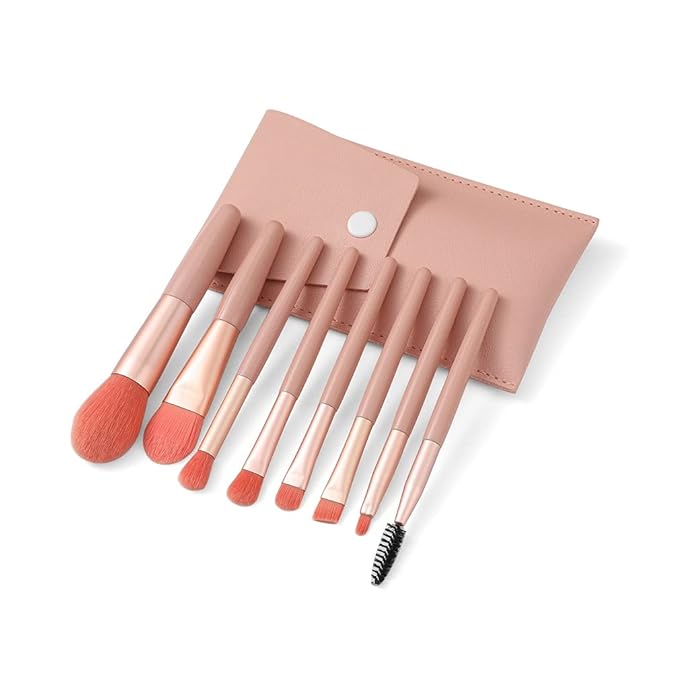 Travel Makeup Brush Set 7PCS Mini Size Premium Synthetic Fiber Foundation Blush Concealer Eyebrows Eye Shadow Angled brush Lip Make up Brush With Storage Bag (Pink)