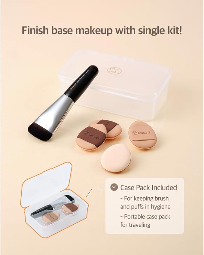 Mini Flat Foundation Brush & Small Puff Set | Small Makeup Brush Set with 4 Mini Sized Puffs | Kit for Liquid Foundation Makeup for Base | 0.06mm Micro Synthetic Bristle & Case Pack Included