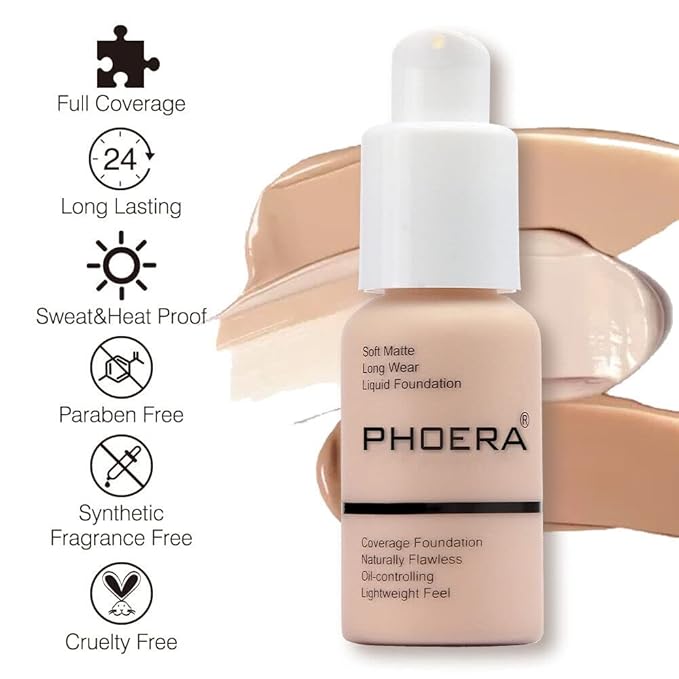 Phoera® Full Coverage Foundation Soft Matte Oil Control Concealer 30ml Flawless Cream Smooth Long Lasting aq (105 SAND)
