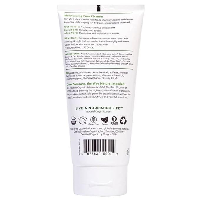 Nourish Organic Moisturizing Face Cleanser for All Skin Types, Watercress + Cucumber Face Wash, Fragrance-Free (6 Oz) + Washable Cotton Round