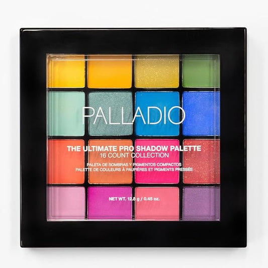Palladio Ultimate Pro Eyeshadow Makeup Palette, 16 High-Pigmented Powder Colors, Matte, Shimmer, Satin Finishes, Color Crush