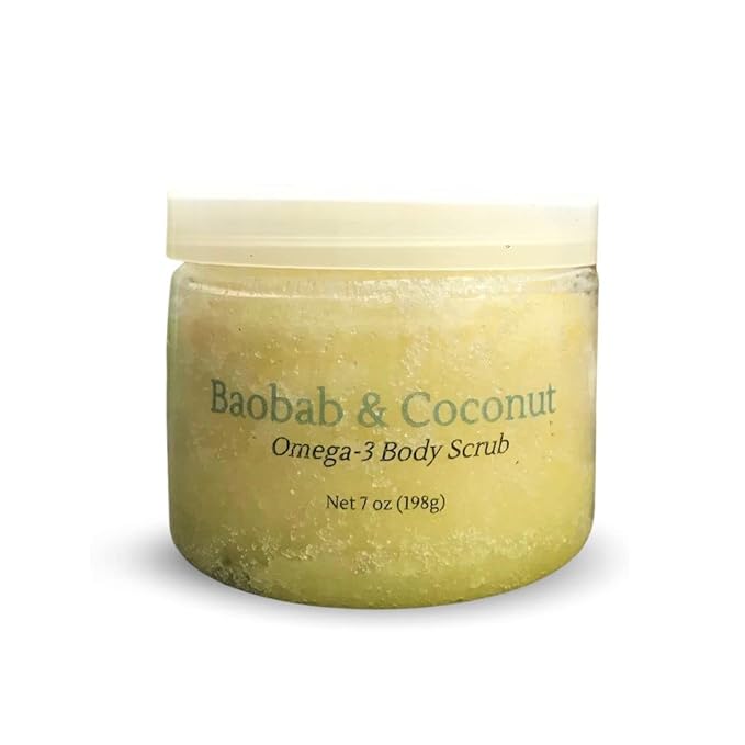 Organic Baobab & Coconut Omega Body Scrub 7oz. Omega rich exfoliator for acne, wrinkles and marks. Vegan, Gluten/Phthalates/Parabens Free. Made in USA.