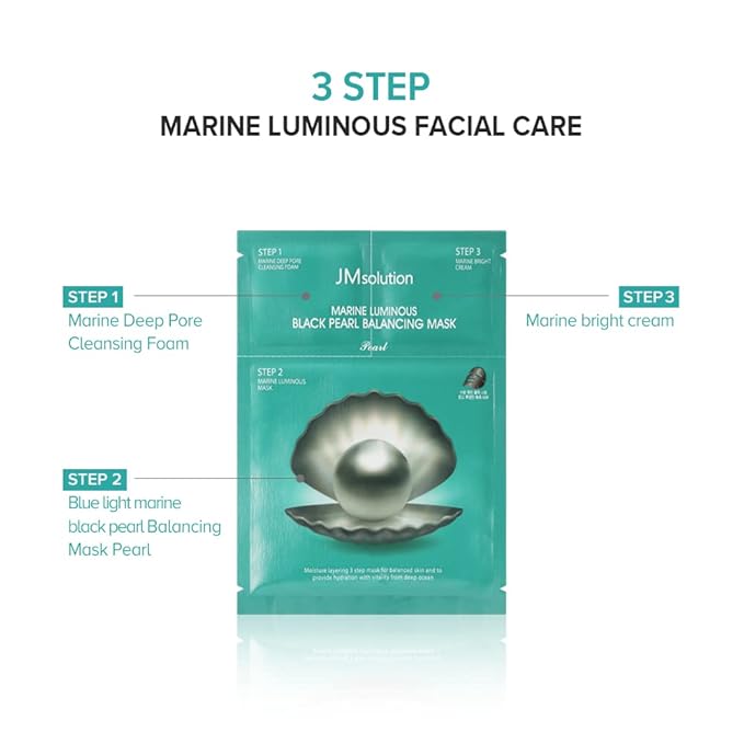 JMsolution Marine Luminous Pearl Deep Moisture 3 Step Skin Care Face Mask - Korean Skincare Facial Mask - boosting Brightening Moisturizing-10 Sheets for Dry Skin (Black Pearl)