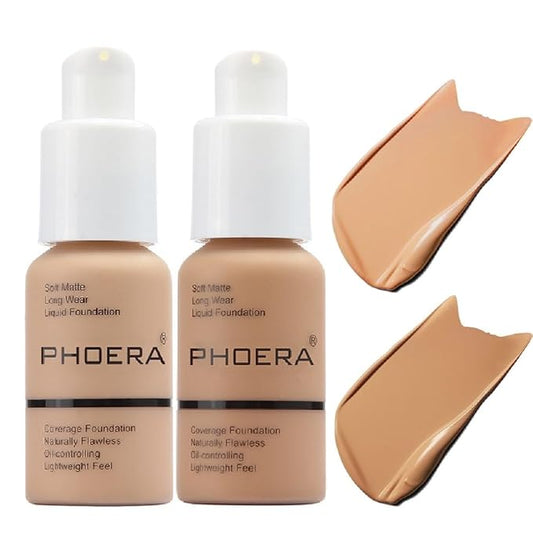 2 Pack PHOERA Foundation 104- Buff Beige and 105- Sand, Full Coverage Flawless Soft Matte 24 HR Oil Control Waterproof Concealer Makeup.