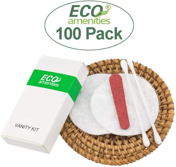 ECO amenities Cotton Rounds Travel Set - 500-Piece White Set - Individually Wrapped Cotton Swabs & Disposable Nail Files - Bulk Travel Toiletry Kit for Hotels