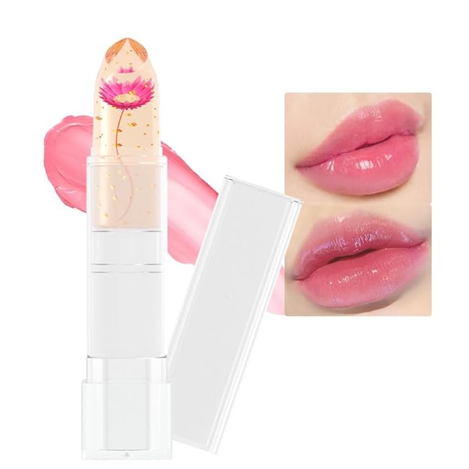 BINGBRUSH Crystal Flower Jelly Color Changing Lipstick,Long Lasting Lip Care Moisturizer Lip Balm Magic Color Change Lip Gloss Lip Tint Stain Matte Makeup Lipstick (02#Rose red flower)