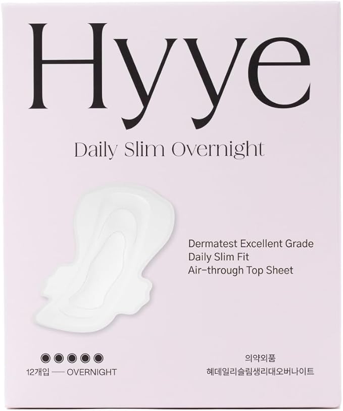 Hyye Overnight Ultra Thin Sanitary Pads with Wings, Heavy Flow Absorbency, Air Flow Cotton Soft Touch Cover, Unscented, Made in Korea (Overnight, 12 Count)