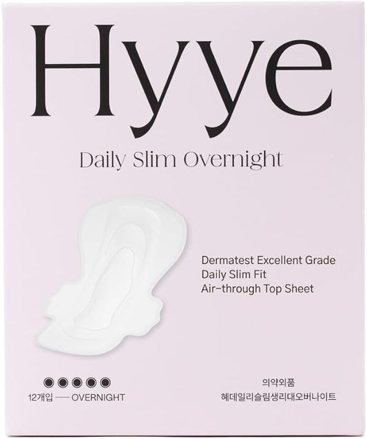 Hyye Overnight Ultra Thin Sanitary Pads with Wings, Heavy Flow Absorbency, Air Flow Cotton Soft Touch Cover, Unscented, Made in Korea (Overnight, 12 Count)