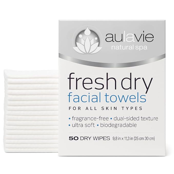 AULAVIE Fresh Disposable Face Towels, XL Self Care Dry Cleansing Cloth for All Skin Types, Ultra Soft Makeup Remover Wipes, Dry Towelettes for Acne and Skincare, Biodegradable; 10"x12" - 50 Wipes