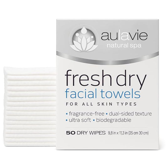 AULAVIE Fresh Disposable Face Towels, XL Self Care Dry Cleansing Cloth for All Skin Types, Ultra Soft Makeup Remover Wipes, Dry Towelettes for Acne and Skincare, Biodegradable; 10"x12" - 50 Wipes