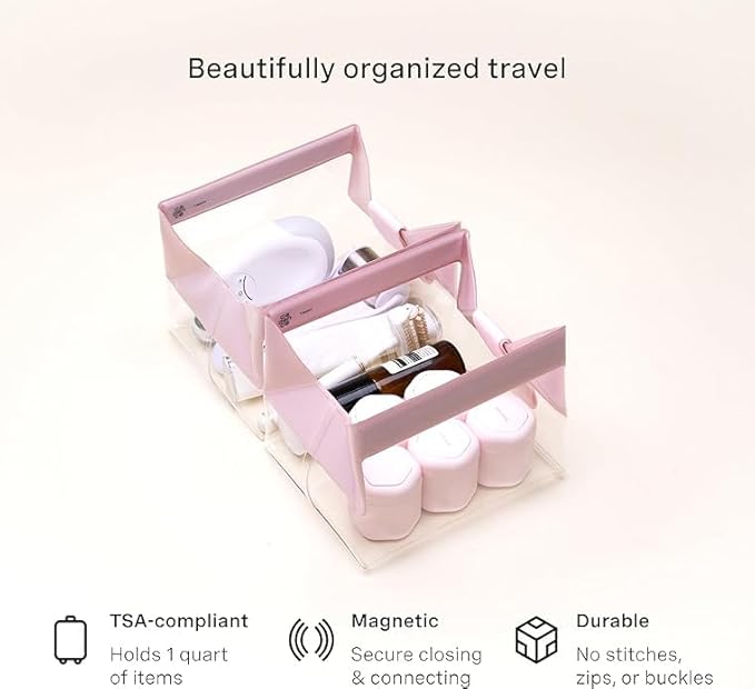 Cadence Parcel - Clear Dopp Kit with Magnetic Closure - Durable and Leak-Resistant Travel Toiletry Kit - TSA-Compliant & Modular Design - Hygiene Bag for Travel Essentials - .5 Qt - Rose