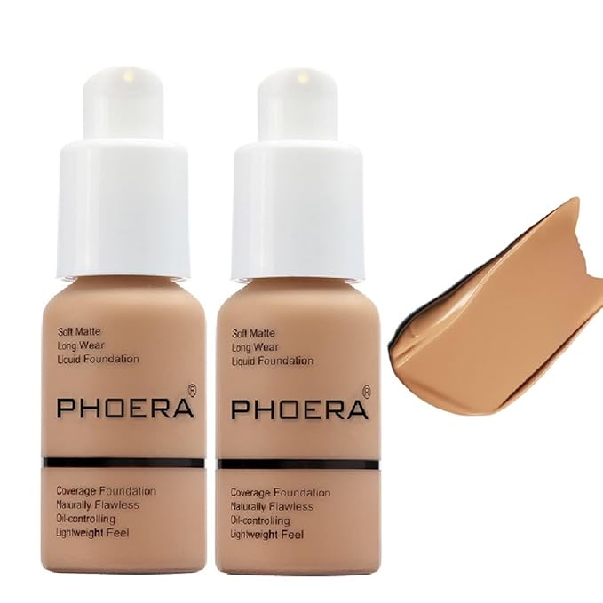 2 Pack PHOERA Foundation, Long-Lasting Waterproof Oil Full Coverage Flawless Soft Matte Liquid Foundation.105 San
