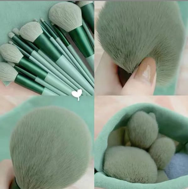 Professional 13-Piece Makeup Brush Set, Mint Green Portable Brushes with Storage Bag, Super Soft Synthetic Bristles for Travel Friendly Application