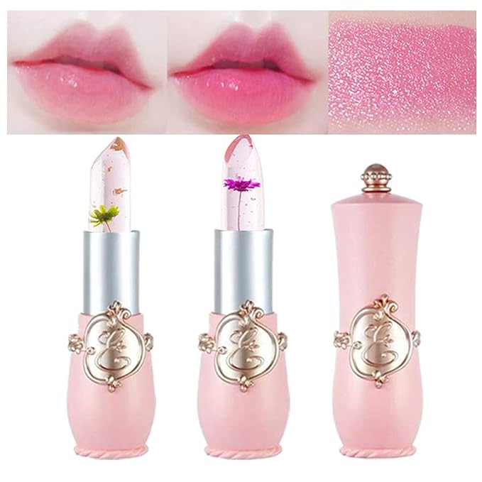 BINGBRUSH 2Pcs Ph Lipstick Color Changing,Pink Crystal Jelly Flower Clear Mood Long Lasting Labiales Lip Care Moisturizer Lip Balm Korean Magic Lip Gloss 24 Hours Lip Tinted Stain Makeup Set for Women