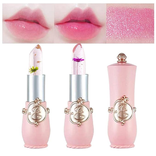 BINGBRUSH 2Pcs Ph Lipstick Color Changing,Pink Crystal Jelly Flower Clear Mood Long Lasting Labiales Lip Care Moisturizer Lip Balm Korean Magic Lip Gloss 24 Hours Lip Tinted Stain Makeup Set for Women