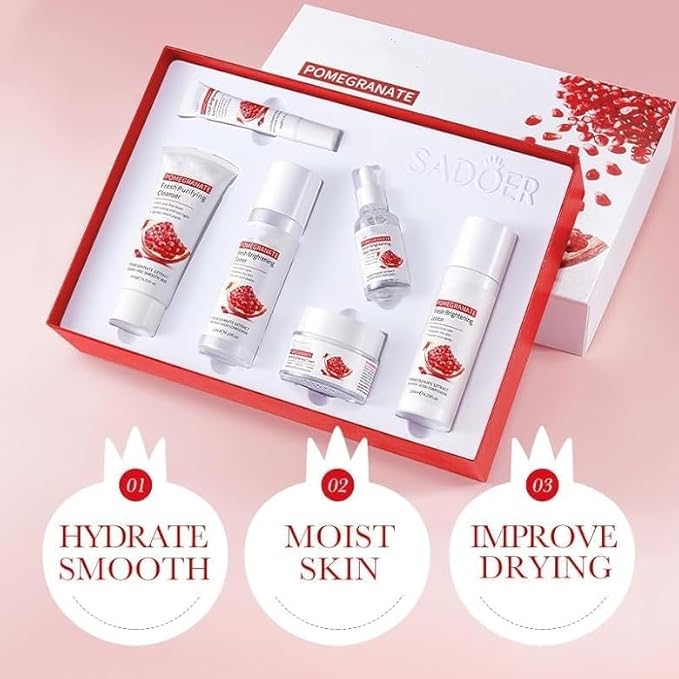 SKK Skin Care Set, 6 Piece Skin Care Set,Skin Care Gift Set for Women, Facial Care Set Includes Cleanser, Eye Cream, Facial Essence, Moisturizing Lotion, Face Cream, Toner. (pomegranate)