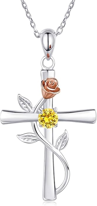 Cross Necklace for Women, 925 Sterling Silver Birthstone Necklace for Women with Rose Flower Birthstone Womens Jewelry Birthday Gifts for Wife Women