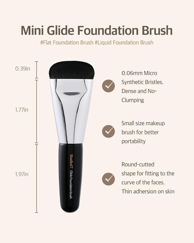 Mini Flat Foundation Brush & Small Puff Set | Small Makeup Brush Set with 4 Mini Sized Puffs | Kit for Liquid Foundation Makeup for Base | 0.06mm Micro Synthetic Bristle & Case Pack Included