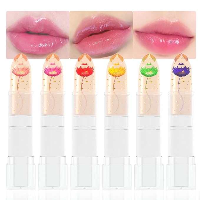 BINGBRUSH 6 Pcs Crystal Flower Jelly Color Changing Lipstick,Long Lasting Lip Care Moisturizer Lip Balm Magic Color Change Lip Gloss Lip Tint Stain Matte Makeup Lipstick (6 Pcs 01#-06#)
