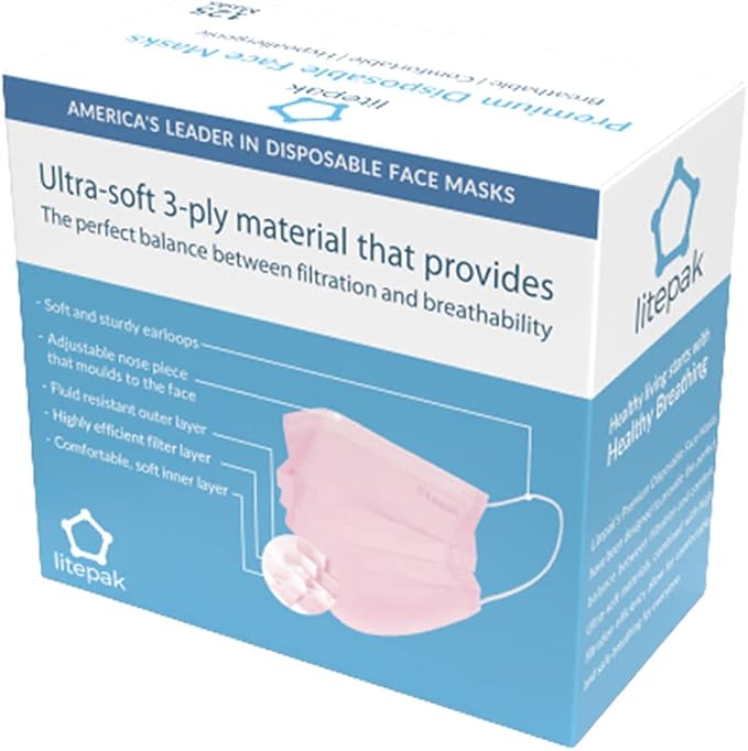 Litepak 125-Pack Disposable Face Mask Premium Comfort Earloops with Dispenser Box (Pink)