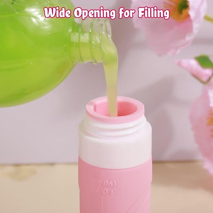 GLAMFIELDS Travel Bottles for Toiletries, 3oz Size TSA Approved Leak Proof Silicone Containers for Shampoo, Conditioner,Easy to Squeeze and Portable, Essentials for Traveling (4 Pack) Macaron