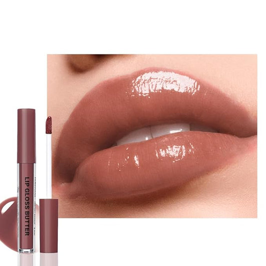 Brown Nourishing Lip Plumper Gloss, Warm Brown Moisturizing High Shine Nude Lip Glow Oil, Long Wear Hydration Mini Liquid Lipstick Makeup, Fresh Lightweight Glossy Plumping Lip Gloss for Women (04#)