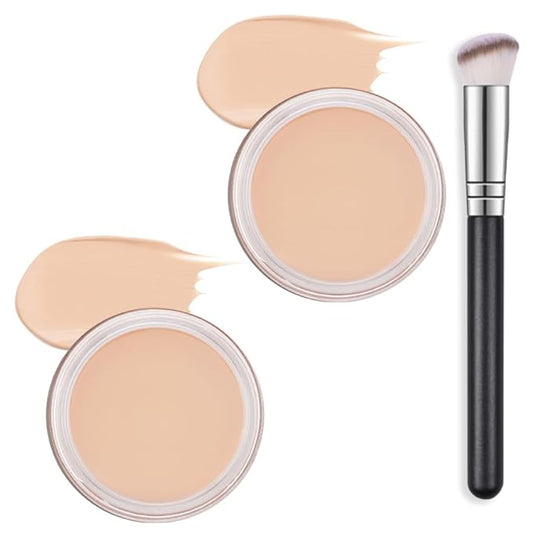 Kaely 2Pcs Pot Concealer Full Coverage Set, Under Eye Brightener Color Correcting Concealer for Dark Circles, Waterproof Foundation Face Makeup Brush Kit, Eye Ring Corrector de ojeras, 02+02