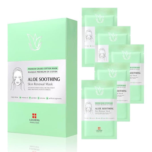 Leaders Insolution Aloe Soothing Skin Renewal Mask | Organic Aloe Leaf & Cactus Extract Hydrating Facial Treatment for Sensitive, Dry, Acne-Prone Skin | UV Repair & Hydration Boost (5 Sheets)