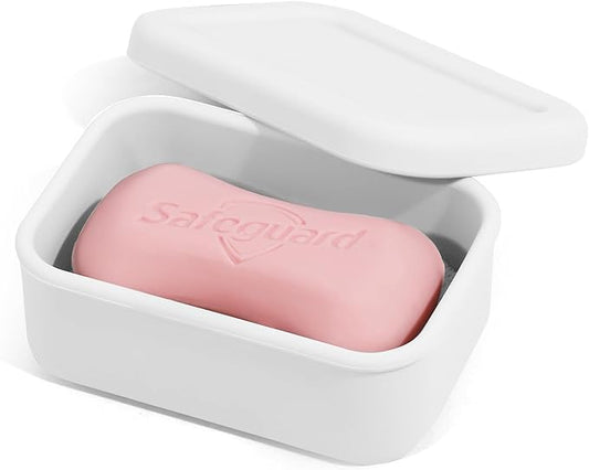 Leak Proof Silicone Travel Soap Case with Draining Layer, Travel Size Toiletry, Portable Soap Container for One Regular Bar Soap Perfectly, Shatter-Proof Soap Holder for Bathroom, Gym (White)