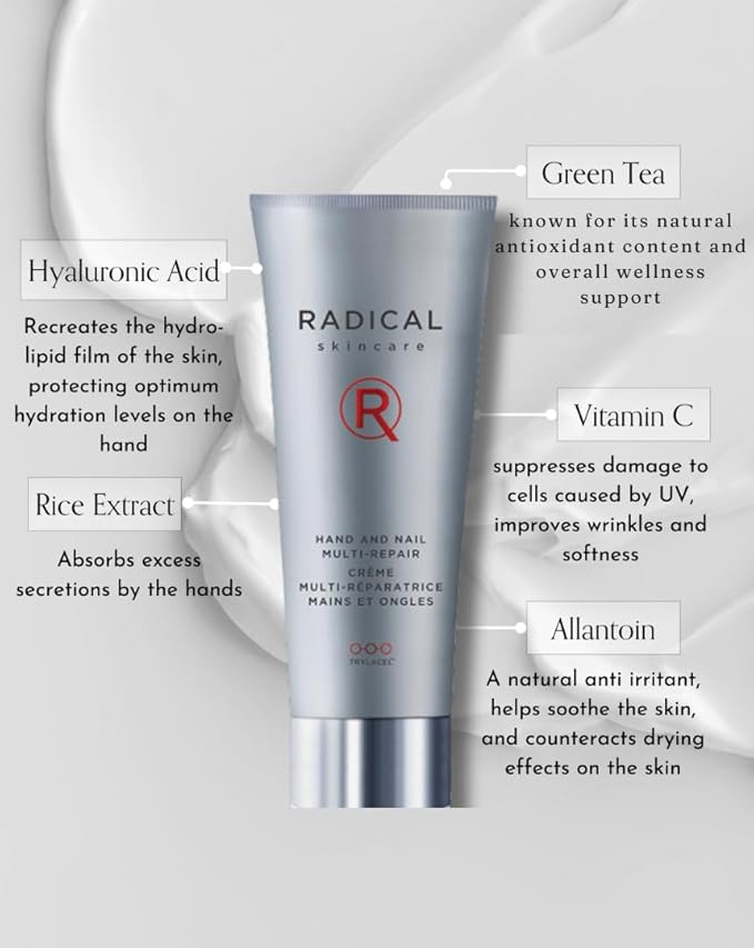 Radical Skincare Hand & Nail Multi Repair Creme - Provides Moisture & Fights Aging | Strengthens Nails & Cuticles | For All Skin Types Including Sensitive Skin | Cruelty & Paraben Free (2.5 Oz)