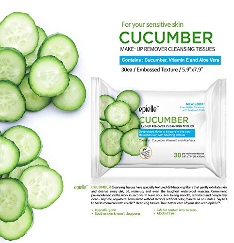 Epielle Makeup Remover Wipes, Remove Dirt, Oil, Waterproof Mascara, Gentle Daily Facial Cleanser Towelettes with Vitamin C, Watermelon & Cucumber, Hypoallergenic & Alcohol-Free, 30 Count (Pack of 6)