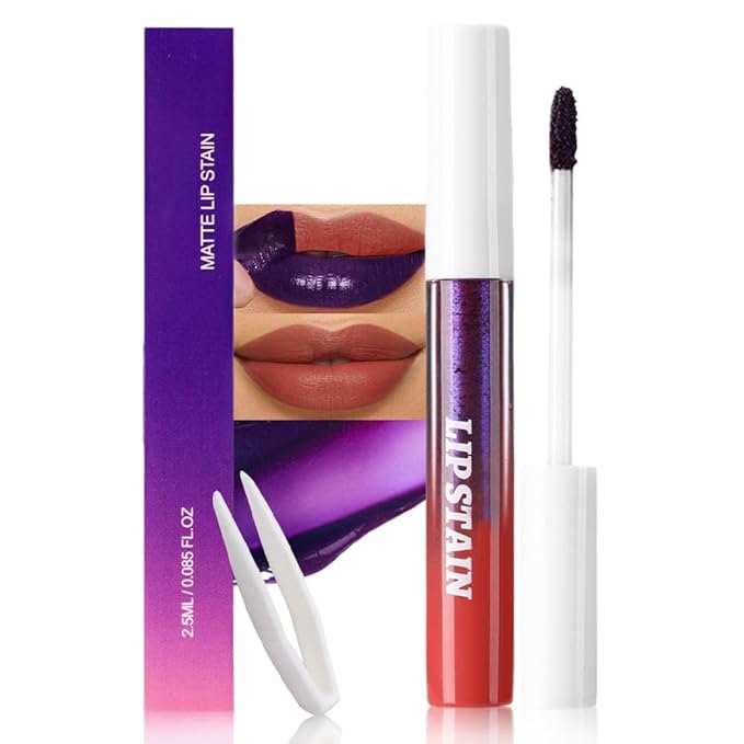 Matte Liquid Lip Stain Peel Off Lip liner Tattoo with Tweezer, Nude Brown Liquid Lipstick Lipstain Long Lasting Waterproof for Women, Highly Pigmented Not Faded Smudge-proof Easy to Apply, 04