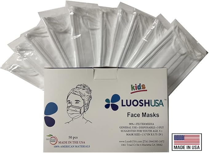 Luosh Face Masks Disposable Made in USA, 3 Ply Disposable Masks 50pcs,Adult Mask, Kids Mask, Black Masks, White Masks