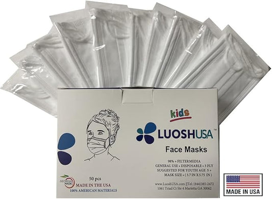 Luosh Face Masks Disposable Made in USA, 3 Ply Disposable Masks 50pcs,Adult Mask, Kids Mask, Black Masks, White Masks
