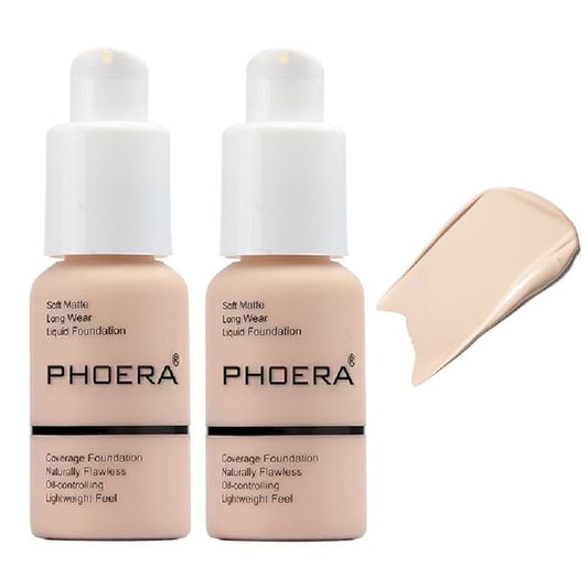 2 Pack PHOERA Foundation,Flawless Soft Matte 24 HR Oil Control Concealer Makeup,Full Coverage Foundation for Women and Girls (101 Porcelain)