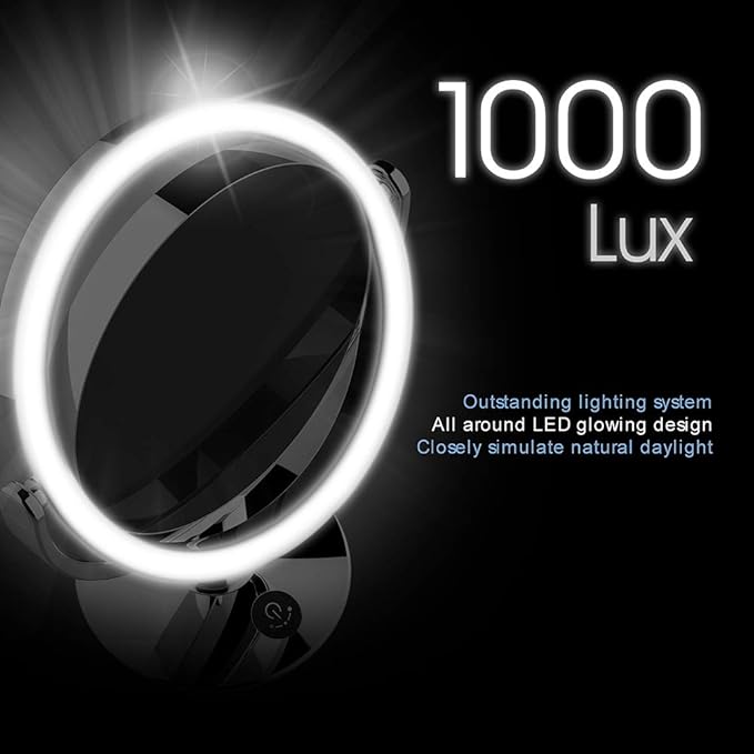 SuperGlow 9" Round Shaped Dual-sided Lighted Makeup Mirror, 1X/5X Magnifying Vanity Mirror, Brightness 1000Lux, 360 Degree Rotating Adjustable Brightness Mirror, Brushed Nickel Finish