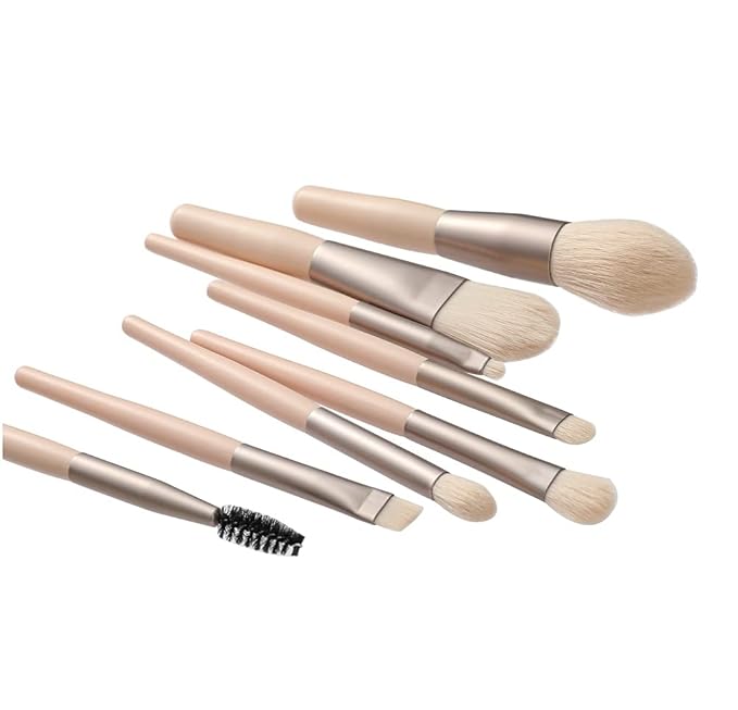 Travel Makeup Brush Set 7PCS Mini Size Premium, Synthetic Fiber Foundation Blush Concealer Eyebrows Eye Shadow Angled brush Lip Make up Brush With Storage Bag (Light Pink) 8 Piece Set