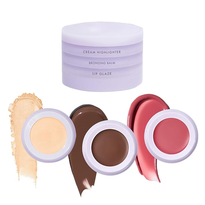 Subtl 3-in-1 Makeup Stack – Cream Bronzer, Powder Highlighter & Lip Glaze for On-the-Go Touch Ups – Lightweight, Travel-Friendly, Blendable Balm (Dark/Truffle)
