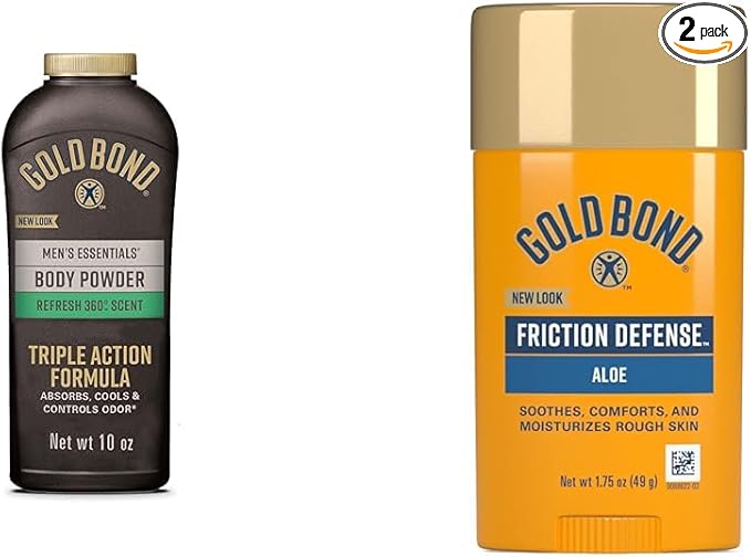 Gold Bond Men's Essentials Talc-Free Body Powder 10 oz Refresh 360 Scent & Friction Defense Stick 1.75 oz Skin Soothing Bundle