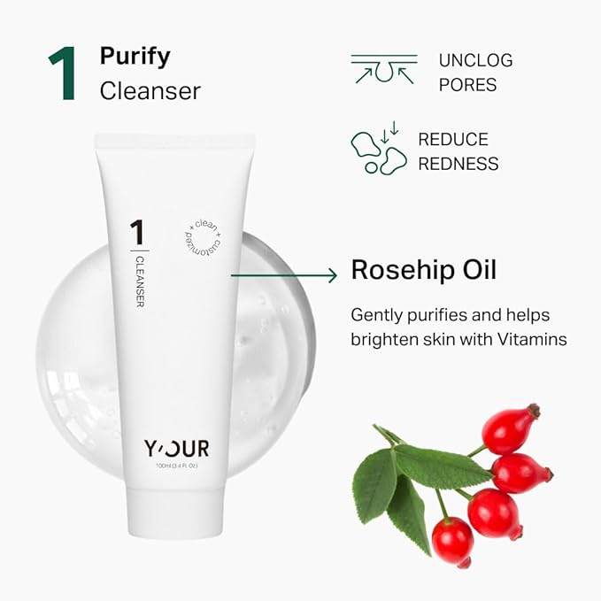 Y’OUR Essential 3-Step Acne Kit: Purifying Cleanser, Anti-Acne Serum & Healing Patches; Pimple Clearing, Pore Minimizing Skincare Routine. Made in USA. Suitable for All Skin Types