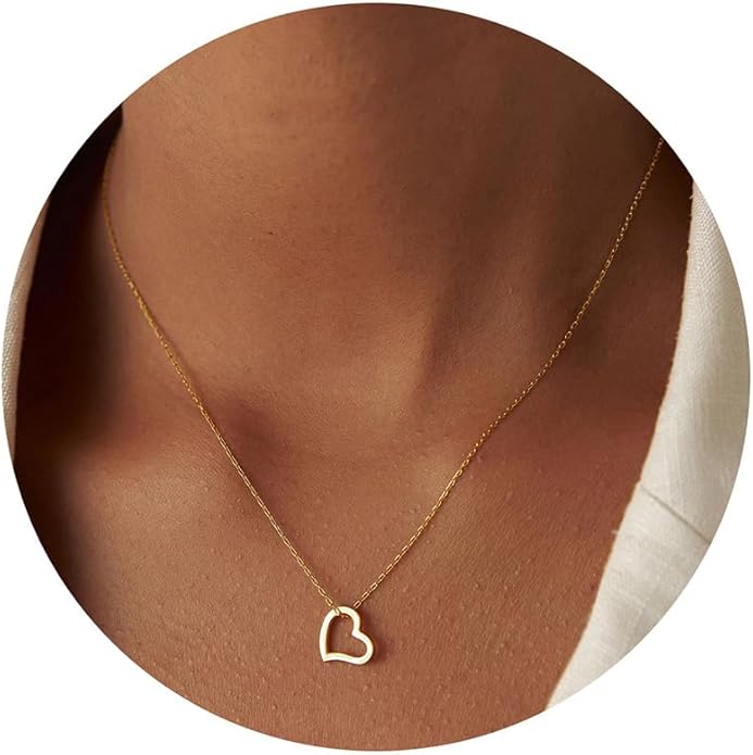 Dainty Gold Heart Necklace for Women - 14K Gold/Silver Plated Cute Heart Handmade Disc Circle Bee Choker Adjustable Necklace for Women Trendy Jewelry