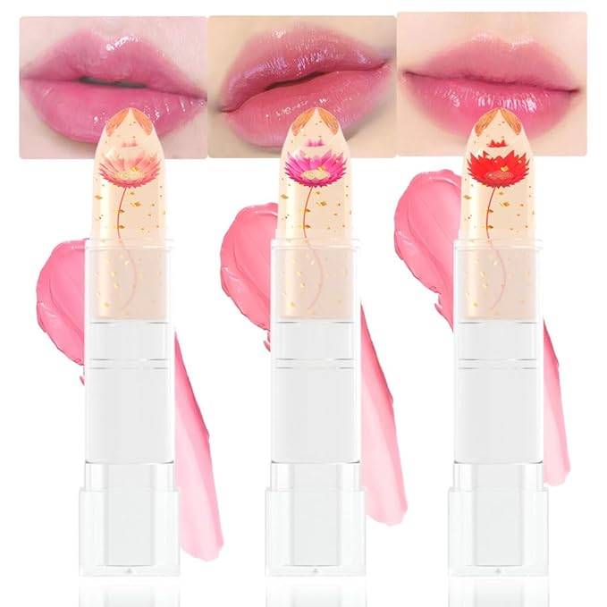 BINGBRUSH 3 Pcs Crystal Flower Jelly Color Changing Lipstick,Long Lasting Lip Care Moisturizer Lip Balm Magic Color Change Lip Gloss Lip Tint Stain Matte Makeup Lipstick