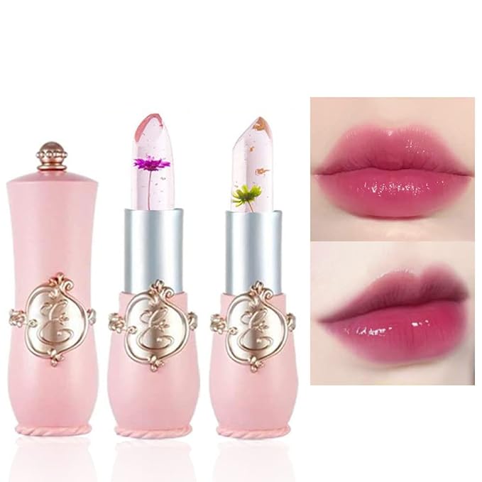 BINGBRUSH 2Pcs Color Changing Lipstick,Pink Crystal Flower Jelly PH Mood Long Lasting Labiales Lip Care Moisturizer Lip Balm Korean Magic Lip Gloss Lip Tinted Stain Makeup Set for Women