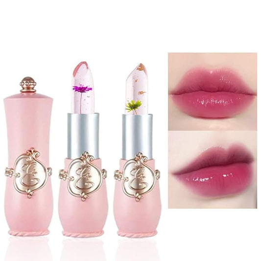 BINGBRUSH 2Pcs Color Changing Lipstick,Pink Crystal Flower Jelly PH Mood Long Lasting Labiales Lip Care Moisturizer Lip Balm Korean Magic Lip Gloss Lip Tinted Stain Makeup Set for Women