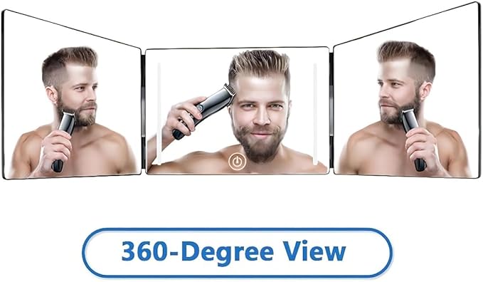 LED 360° Viewing Mirror for Hair Cutting and Styling, Adjustable Height Mirror with Lights for Grooming, Makeup and Shaving, Clear HD Glass, Portable for Bathroom or Travel (Black)