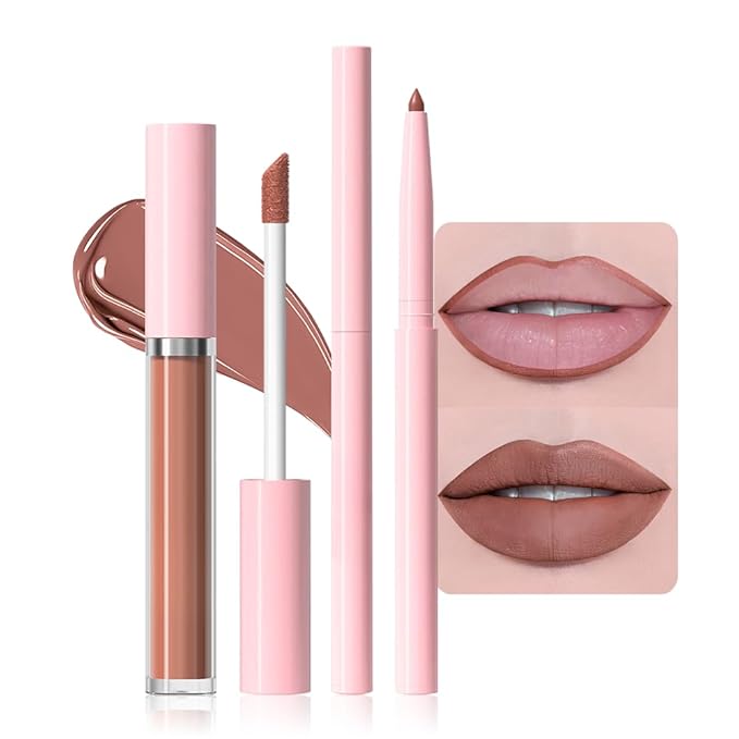 AMY'S DIARY 2pcs Lip Liner & Lipstick&Shiny Clear Lip Oil Makeup Set, Liquid Lipstick 24H and Lip Liner Set Matt Liquid Lips Make Up Waterproof Long Lasting (03#, 2 Pcs Set)